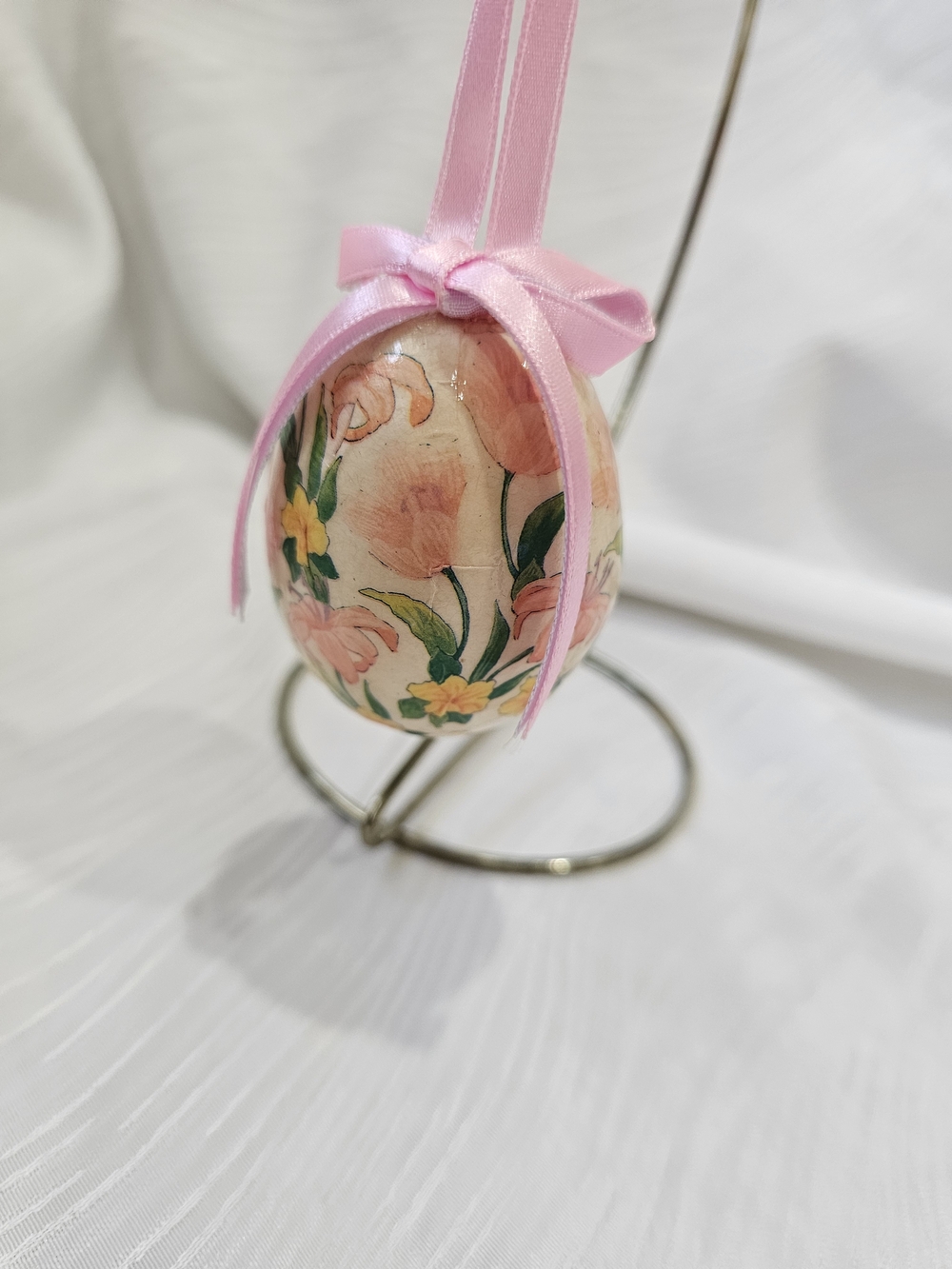 Vintage Paper Mache Pink Floral Hanging Egg Ornament